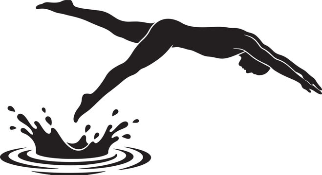 Black silhouette of swimmer diving into water on white background, vector