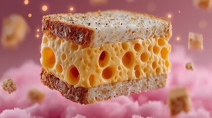 Glowing slice cheese floating like cloud food art creative concept humorous design modern style generated AI