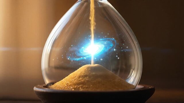 Conceptual hourglass closeup with a galaxy swirl inside as golden sand pours down. The vastness of time and the universe symbol, connecting the finite measure of clepsidra and the cosmic infinite