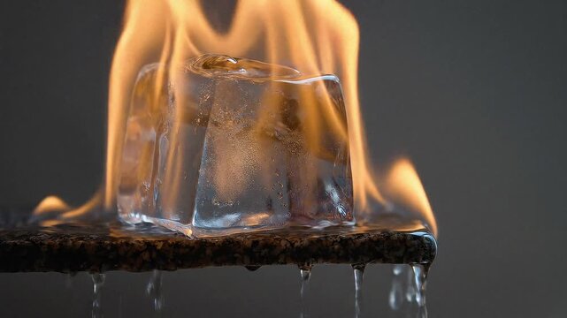 Clear ice cube intensely burning in vibrant orange flames as melting water droplets are dripping down. Dramatic visual paradox of fire and ice. Warmth and coldness effect