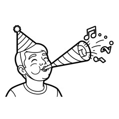 Fototapeta premium Happy Boy Blowing a Party Horn with Musical Notes Celebrating a Joyful Birthday