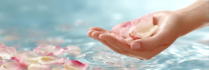 Close-up of female hand holding soft pink rose petals in rippling clear turquoise water, spa wellness background with copy space