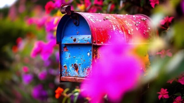 Weathered mailbox with flowers vibrant colors and rustic detail