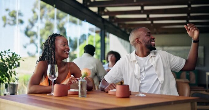 Happy couple, date and calling waiter with wine glasses in restaurant for romantic bonding together. Man, woman or laughing with request for tasting service, anniversary or valentines day in cafe