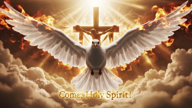 Holy Spirit Dove with Fiery Wings - A white dove with golden-edged wings flies in front of a glowing cross, symbolizing the Holy Spirit.