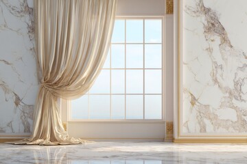 Elegant interior space showcases luxurious beige curtain beside a tall paneled window and marble surfaces.