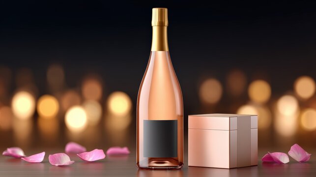 Elegant rose wine bottle with golden cap, placed beside a gift box, surrounded by pink rose petals, creating a romantic atmosphere for celebrations or special occasions