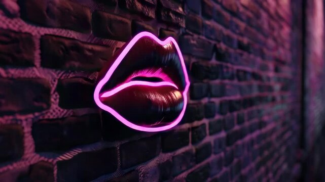 Kissing lips neon sign on brick wall