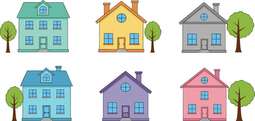 Colorful residential house icon vector illustration set with different home styles trees and facades