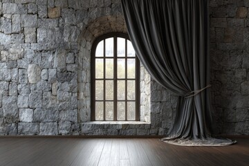 Aged stone interior features a tall arched window partially covered by heavy draped fabric