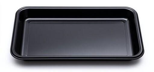 Black plastic tray isolated on white background, top view rectangular food serving plate for restaurant meal or cake.