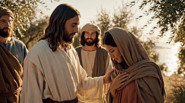 Jesus Comforts a Woman in Biblical Times - This video depicts a scene from biblical times, showing Jesus placing his hand on a woman's shoulder to offer comfort.