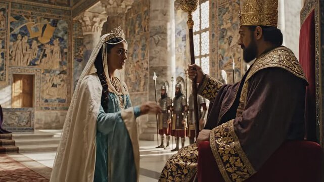 Queen Esther Approaches the King - A woman, dressed as Queen Esther, approaches a king in a palace hall during a historical reenactment.