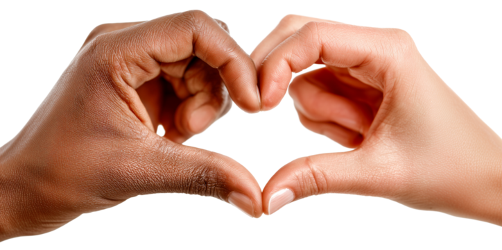 Interracial hands heart gesture love symbol unity concept diversity friendship closeup isolated human skin compassion. interracial hands form heart gesture, unity concept with diversity, isolated