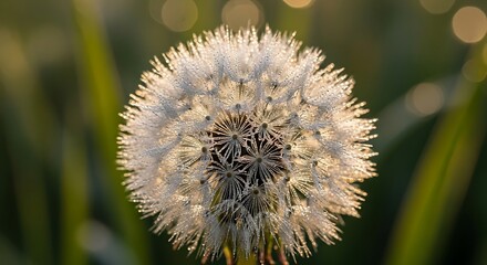 Dandelion seed head with dew drops in sunlight