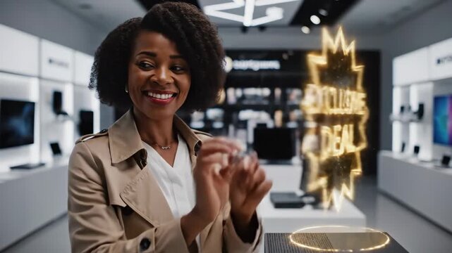 Woman Shopping Retail Store with Holographic Sales - A happy woman in a retail store interacts with a holographic "Exclusive Deal" promotion.