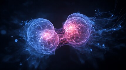 two glowing energy forms intertwined like quantum entanglement, particle trails and light filaments connecting them, ethereal atmosphere, 
