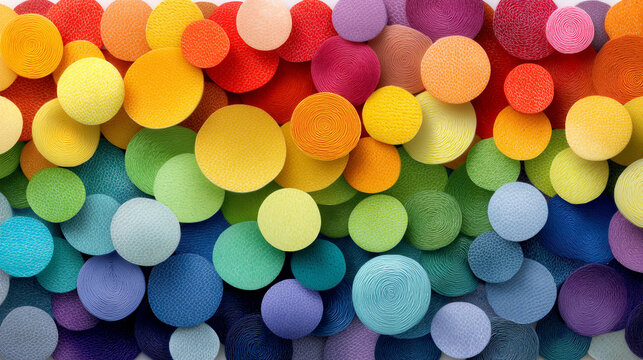Many colorful textured circles in rainbow pattern, perfect for backgrounds, prints, digital designs, or vibrant artistic projects. Bright, dynamic, eye catching.