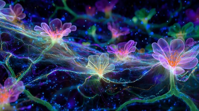 microscopic garden made of energy waves and floating photons, flowers formed by particles, vibrant neon glow, high detail macro lens effect, 