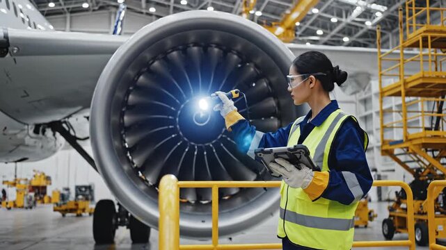 Aircraft Maintenance Inspection in Hangar - A worker in a safety vest and goggles inspects a large aircraft engine inside a hangar with a flashlight and a tablet in her hands.