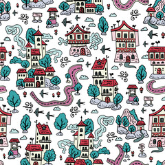 Fototapeta premium Seamless Winter pattern with a medieval village. Background with doodle houses and trees. Winter Town Map. Christmas