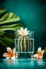 Cactus with white flower in glasses surrounded by tropical leaves