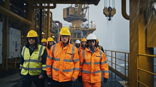 Offshore Workers in Safety Gear on Platform - A group of diverse workers wearing safety gear walk along the platform of an offshore oil rig during rainy weather.