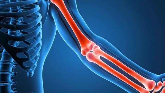 Human anatomy illustration showing skeleton structure on a blue gradient background view from front