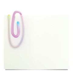 Transparent note with paper clip isolated on white background. 3D vector illustration