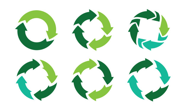 Six circular recycling symbols are illustrated using four segmented arrows in varying shades of green and teal colors suggesting environmental processes.