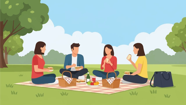 A delightful flat design illustration showing work friends enjoying a relaxed picnic lunch in a sunny park. This vector artwork captures the joy of outdoor social gatherings and team bonding.