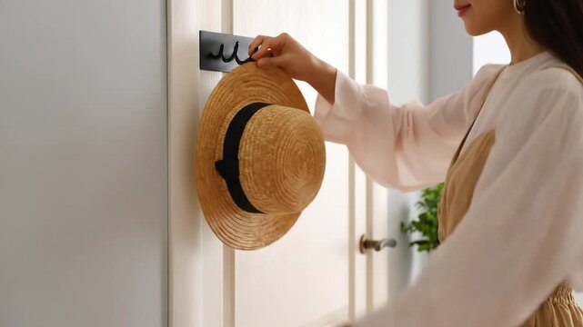 Woman hanging hat indoors against white wall
