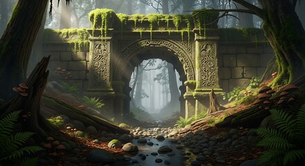 Stone archway in forest with stream and moss