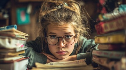 Young girl studies hard amidst piles of books, feeling overwhelmed