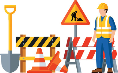 Construction worker road safety vector illustration with shovel traffic cones warning sign and striped barricades