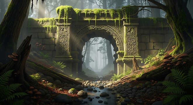 Stone archway in forest with stream and moss - Powered by Adobe