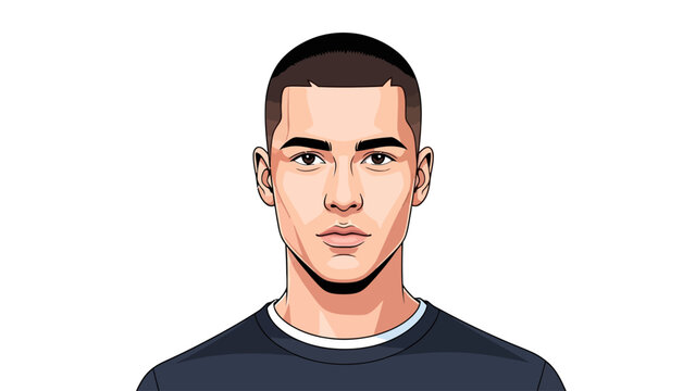 Stylized portrait of a young man with a buzz cut and dark shirt