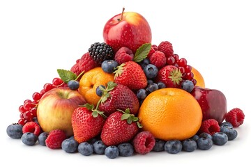 A colorful heap of fresh fruits and plump berries on a bright white background, highlighting rich textures perfect for wellness and nutrition themes.
