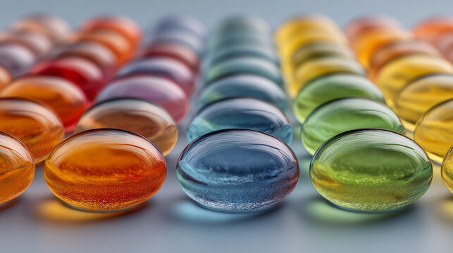 Rows of colorful gel capsule candies suitable for candy shop, confectionery, sweet treats, party favors, kids events, or health themed designs.