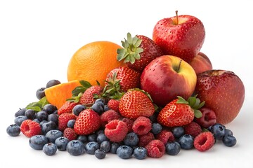 A colorful heap of fresh fruits and plump berries on a bright white background, highlighting rich textures perfect for wellness and nutrition themes.