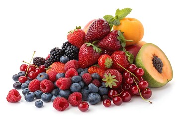 A colorful heap of fresh fruits and plump berries on a bright white background, highlighting rich textures perfect for wellness and nutrition themes.