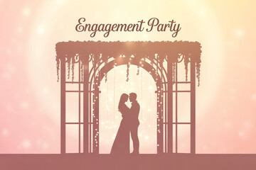 Elegant engagement party invitation design with loving couple silhouette under floral archway, ideal for weddings and romantic celebrations, soft pastel tones