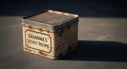 Rusty metal box with 'Grandma's Secret Recipe' label