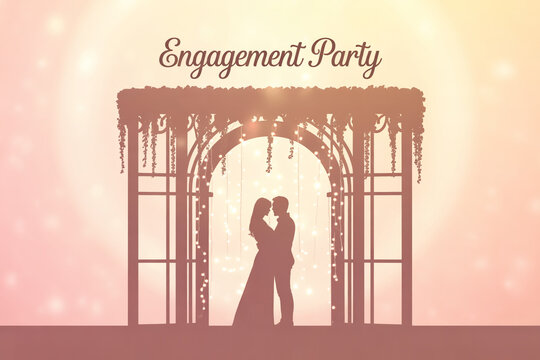 Elegant engagement party invitation design with loving couple silhouette under floral archway, ideal for weddings and romantic celebrations, soft pastel tones - Powered by Adobe