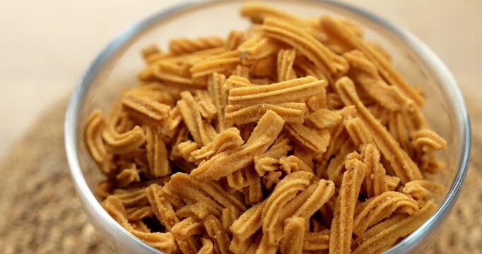 Crispy soya stick snack served in a bowl, healthy high-protein Indian namkeen for tea time or evening munching