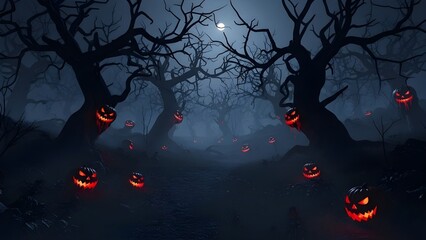 A dark, eerie forest filled with glowing jack-o’-lanterns and twisted leafless trees under a foggy moonlit sky. Perfect for Halloween themes, horror art, spooky backgrounds, and fantasy scenes.