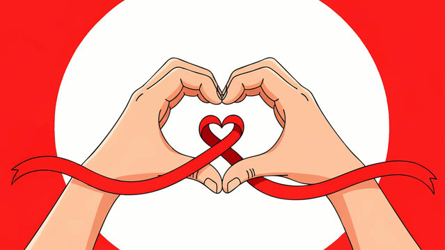 A creative illustration of hands making a heart shape with red ribbon entwined, symbolizing love and connection on a vibrant red and white background, ideal for romantic designs.