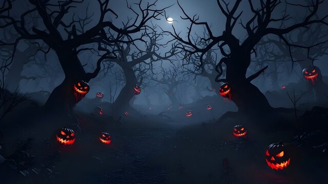 A dark, eerie forest filled with glowing jack-o’-lanterns and twisted leafless trees under a foggy moonlit sky. Perfect for Halloween themes, horror art, spooky backgrounds, and fantasy scenes.