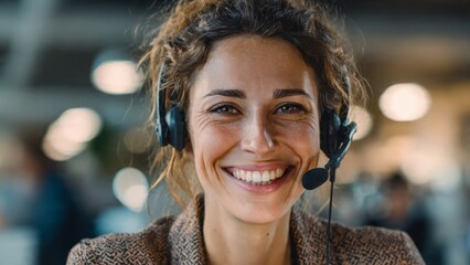 Engaged female executive smiling during video call in modern workplace professional environment authentic connection
