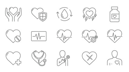Fototapeta premium A collection of thin line icons depicts various concepts related to cardiac health, cardiology, and medical care on a white background.